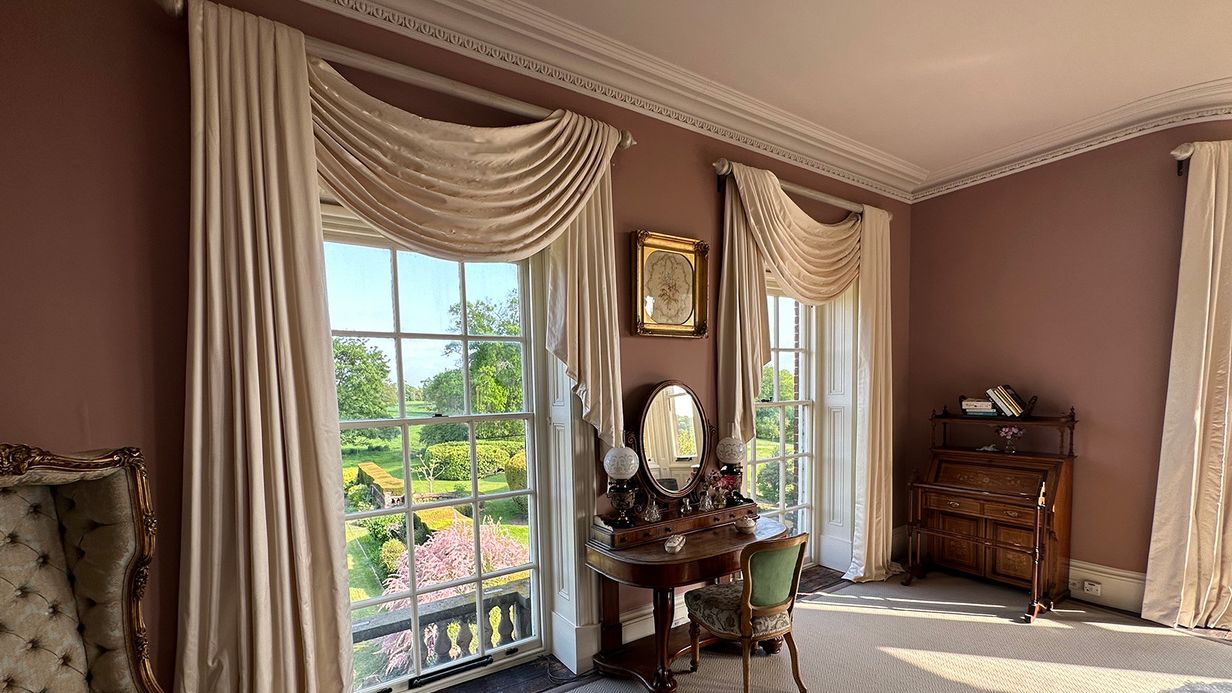 Image may contain: Desk, Furniture, Table, Chair, French Window, Window, Art, Painting, and Home Decor