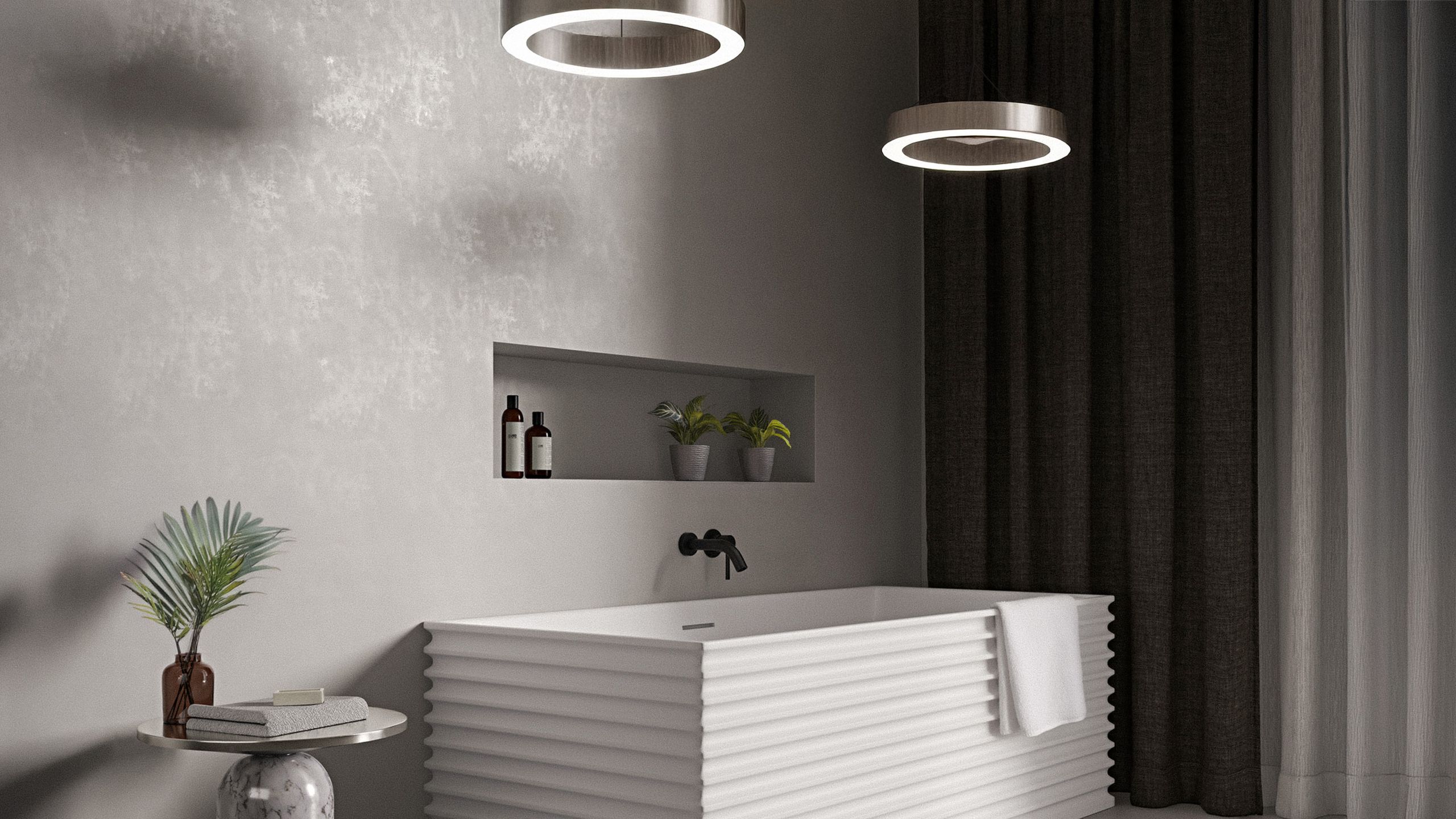 Image may contain: Bathing, Plant, Tub, Bathtub, Person, Home Decor, Rug, Indoors, Interior Design, Lamp, and Sink