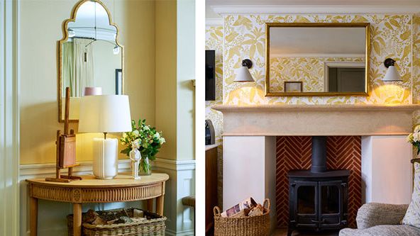 Image may contain: Fireplace, Indoors, Corner, Architecture, Building, Furniture, Living Room, Room, Lamp, and Hearth