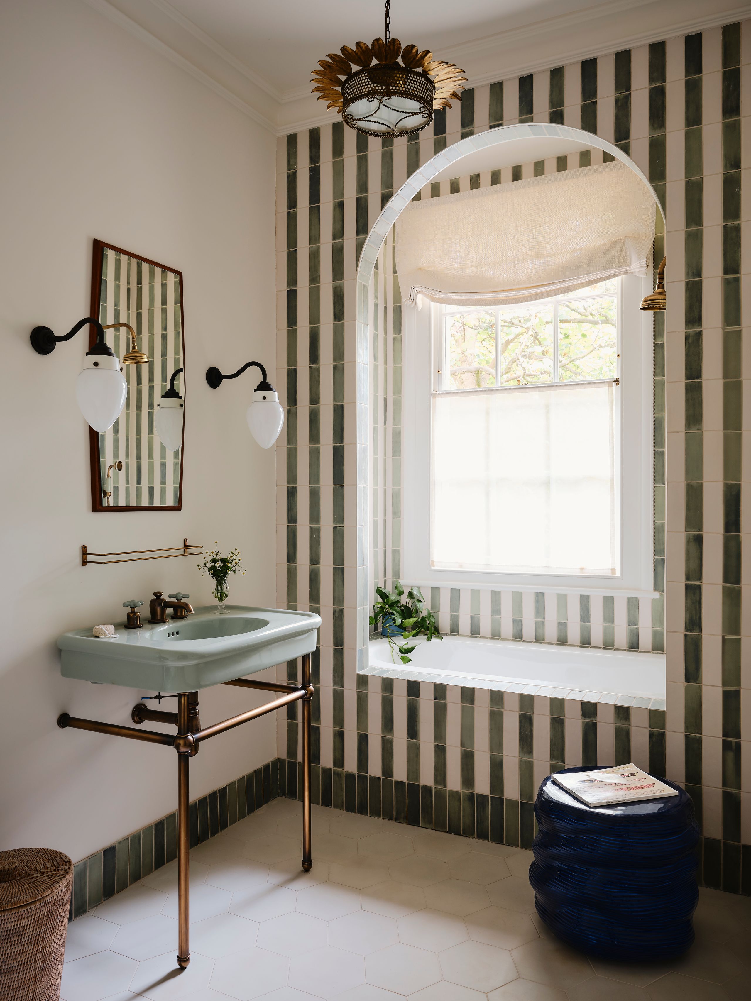 Image may contain: Lamp, Sink, Corner, Indoors, Interior Design, Book, Publication, Sink Faucet, and Plant