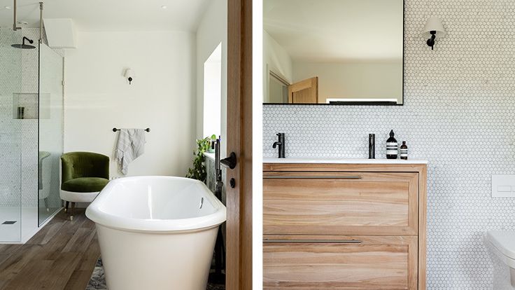 Image may contain: Indoors, Interior Design, Bathing, Chair, Furniture, Tub, Lamp, Bathtub, Person, Sink, and Sink Faucet