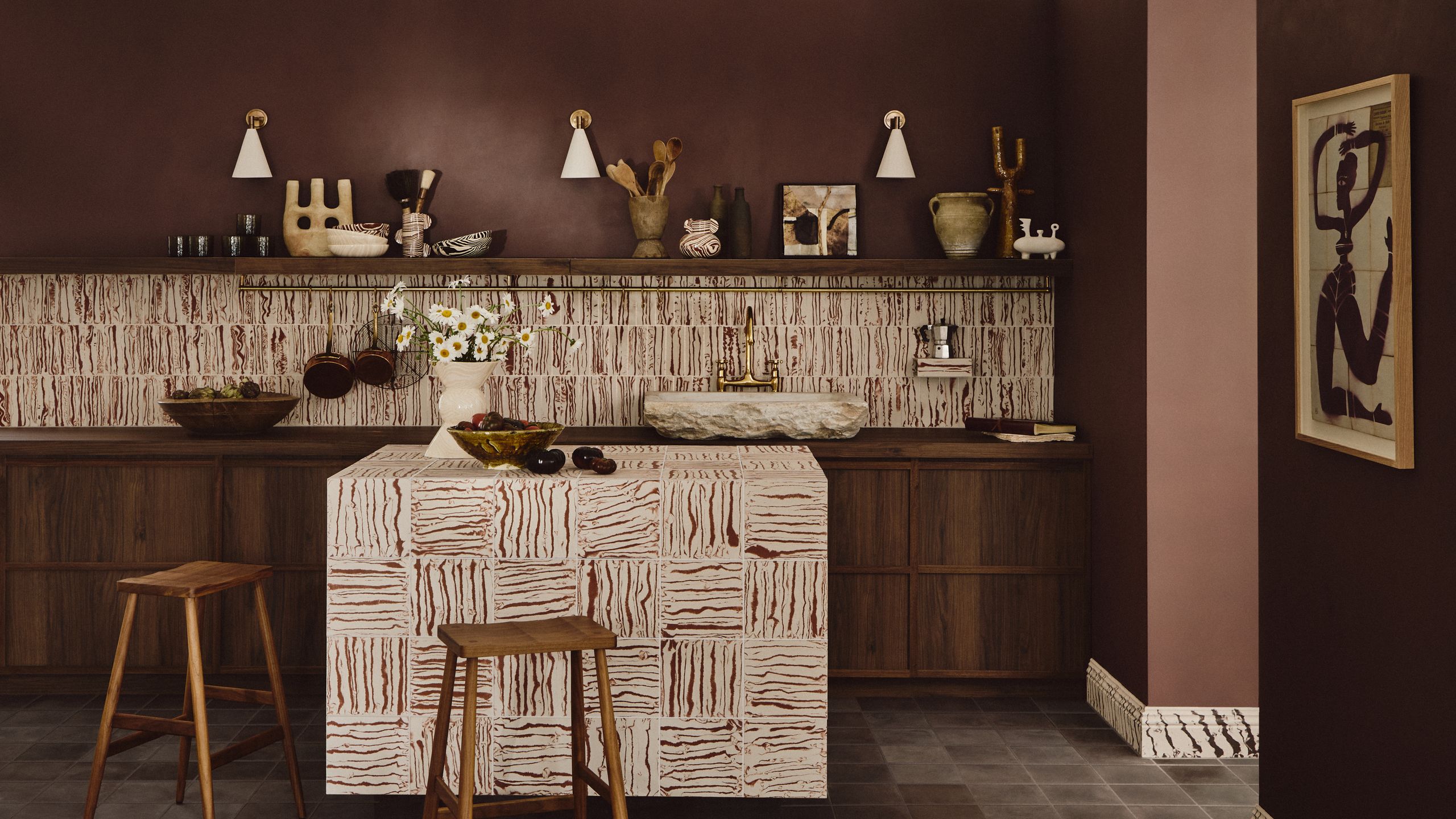 Image may contain: Indoors, Interior Design, Dining Table, Furniture, Table, Art, Painting, Bar Stool, and Architecture