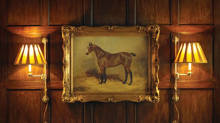 Image may contain: Lamp, Art, Painting, Indoors, Interior Design, Table Lamp, Animal, Horse, Mammal, and Lampshade