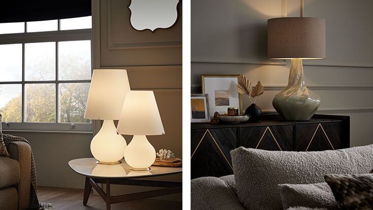 Image may contain: Lamp, Table Lamp, Home Decor, Rug, Couch, Furniture, Art, Painting, Animal, Canine, Dog, Mammal, and Pet