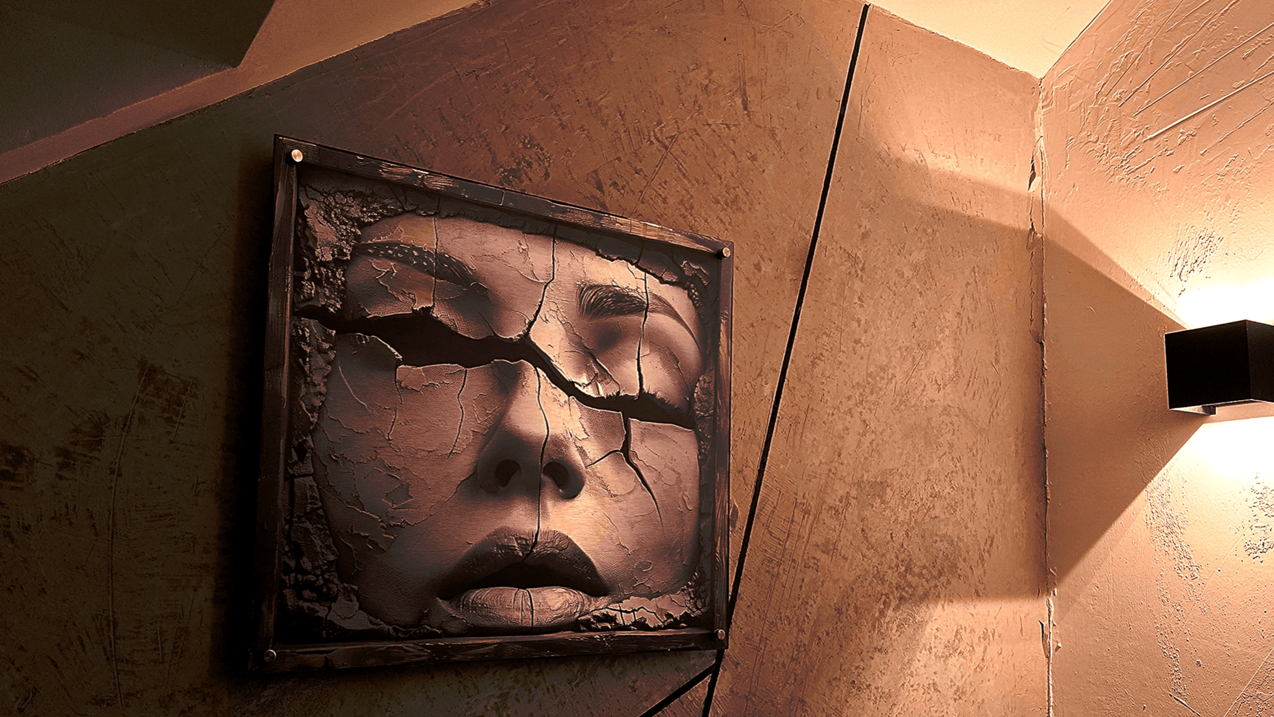 Image may contain: Lighting, Architecture, Building, Wall, Art, Modern Art, Adult, Person, Lamp, Floor, and Flooring