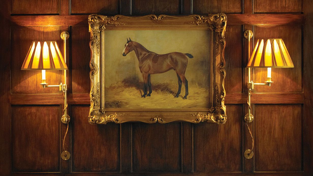 Image may contain: Lamp, Table Lamp, Art, Painting, Animal, Horse, Mammal, Lampshade, Indoors, and Interior Design