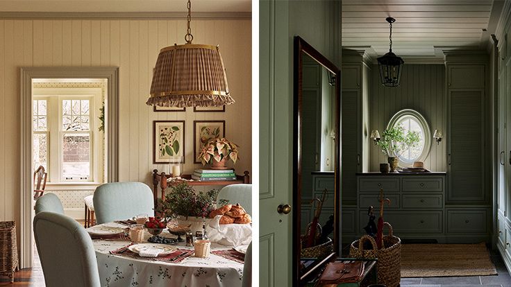 Image may contain: Architecture, Building, Dining Room, Dining Table, Furniture, Indoors, Room, Table, Lamp, and Plant