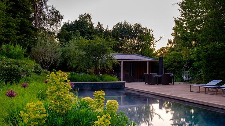 Image may contain: Backyard, Nature, Outdoors, Yard, Scenery, Garden, Pool, Water, Architecture, Building, House, and Housing