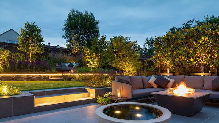 Image may contain: Backyard, Nature, Outdoors, Yard, Couch, Furniture, Tub, Home Decor, Rug, Hot Tub, Water, and Pool