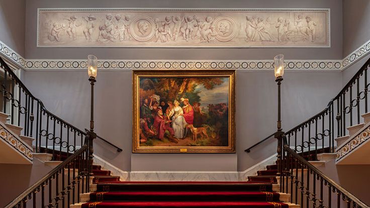 Image may contain: Architecture, Building, House, Housing, Staircase, Art, Painting, Indoors, Foyer, and Person