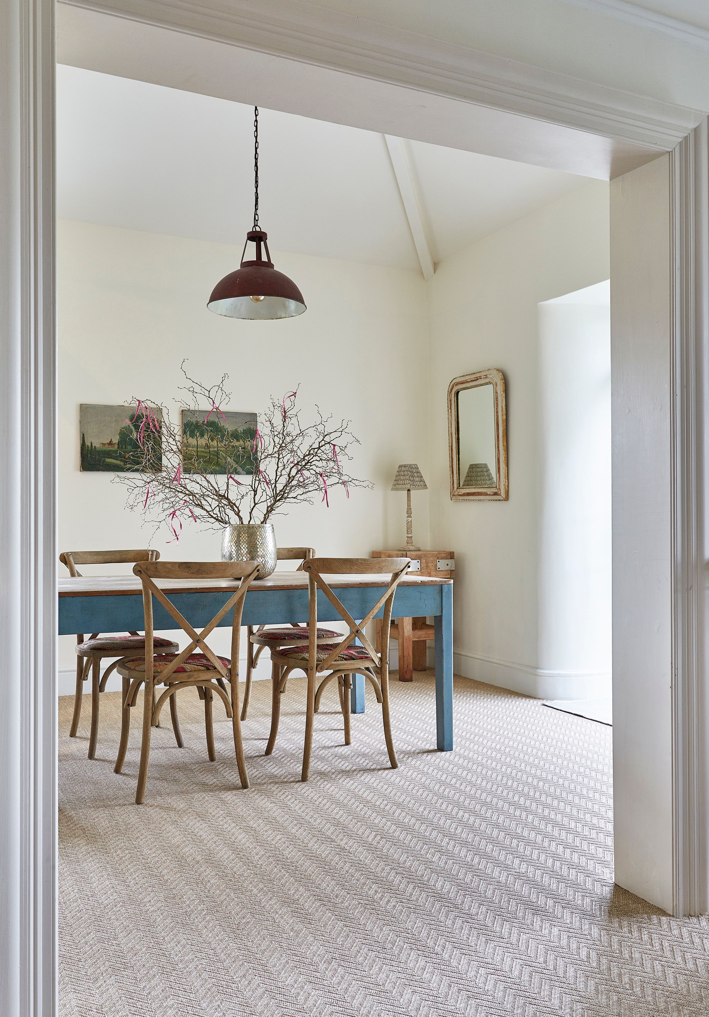 Image may contain: Architecture, Building, Dining Room, Dining Table, Furniture, Indoors, Room, Table, Lamp, and Floor