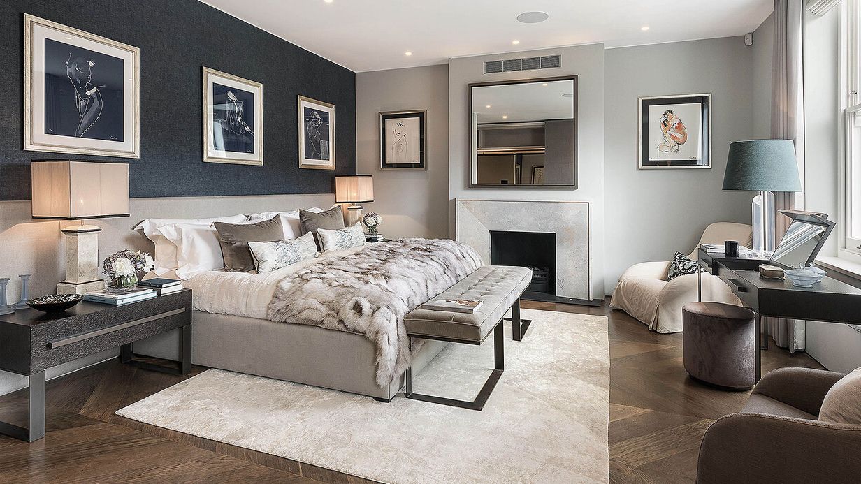 Image may contain: Home Decor, Lamp, Art, Painting, Bed, Furniture, Rug, Bench, Couch, Accessories, Bag, and Handbag