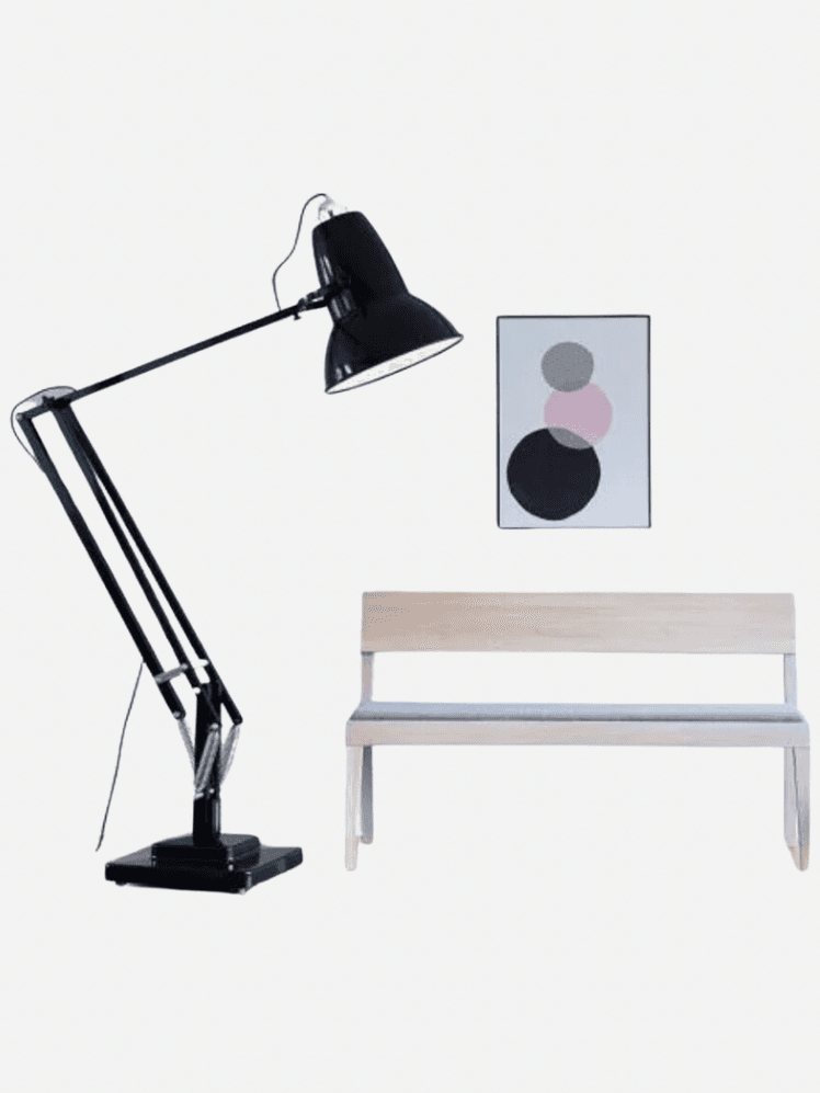 Image may contain: Lamp, Table Lamp, Bench, and Furniture