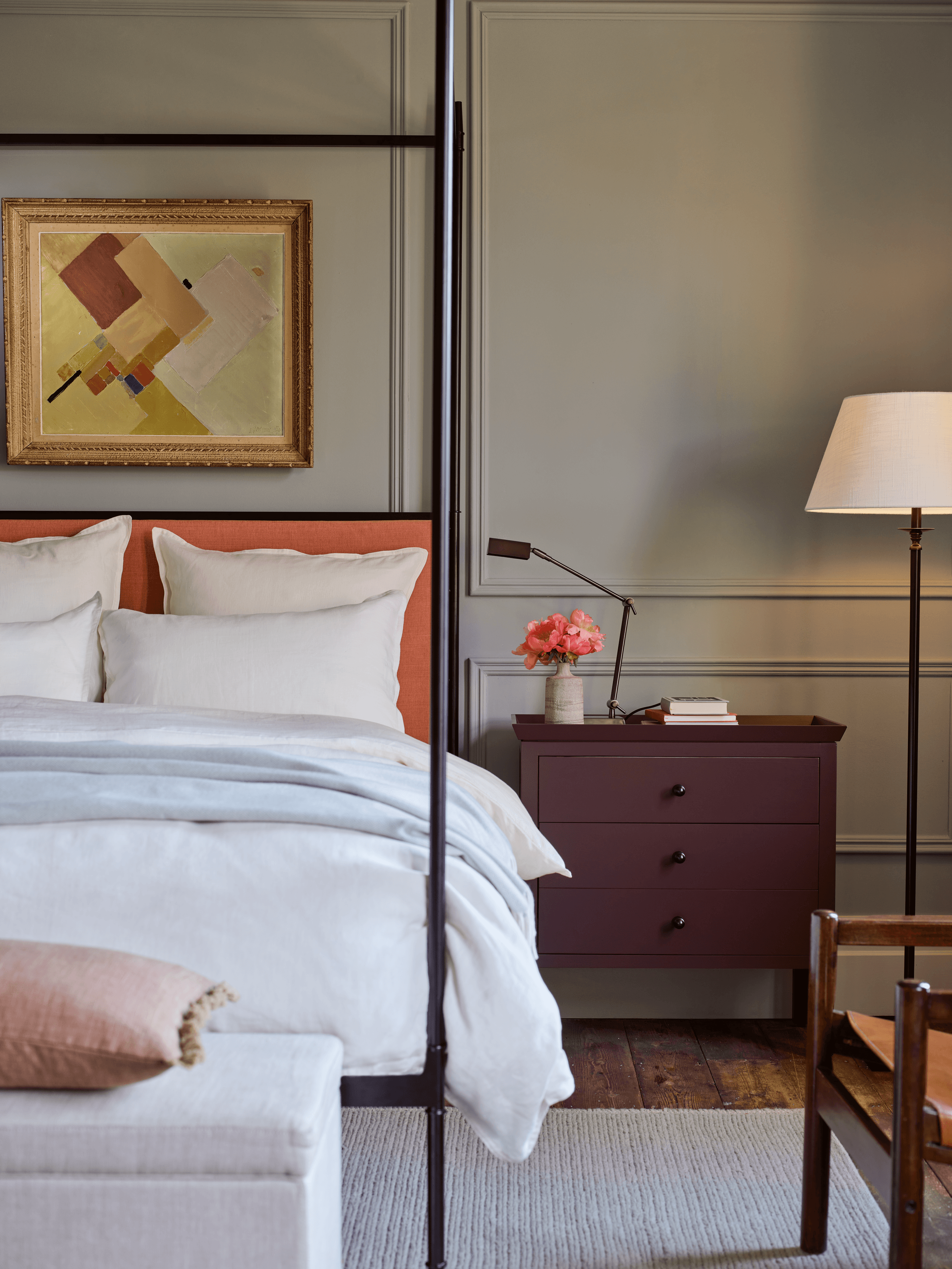 Image may contain: Lamp, Indoors, Interior Design, Furniture, Bed, Bedroom, Room, Drawer, and Cabinet