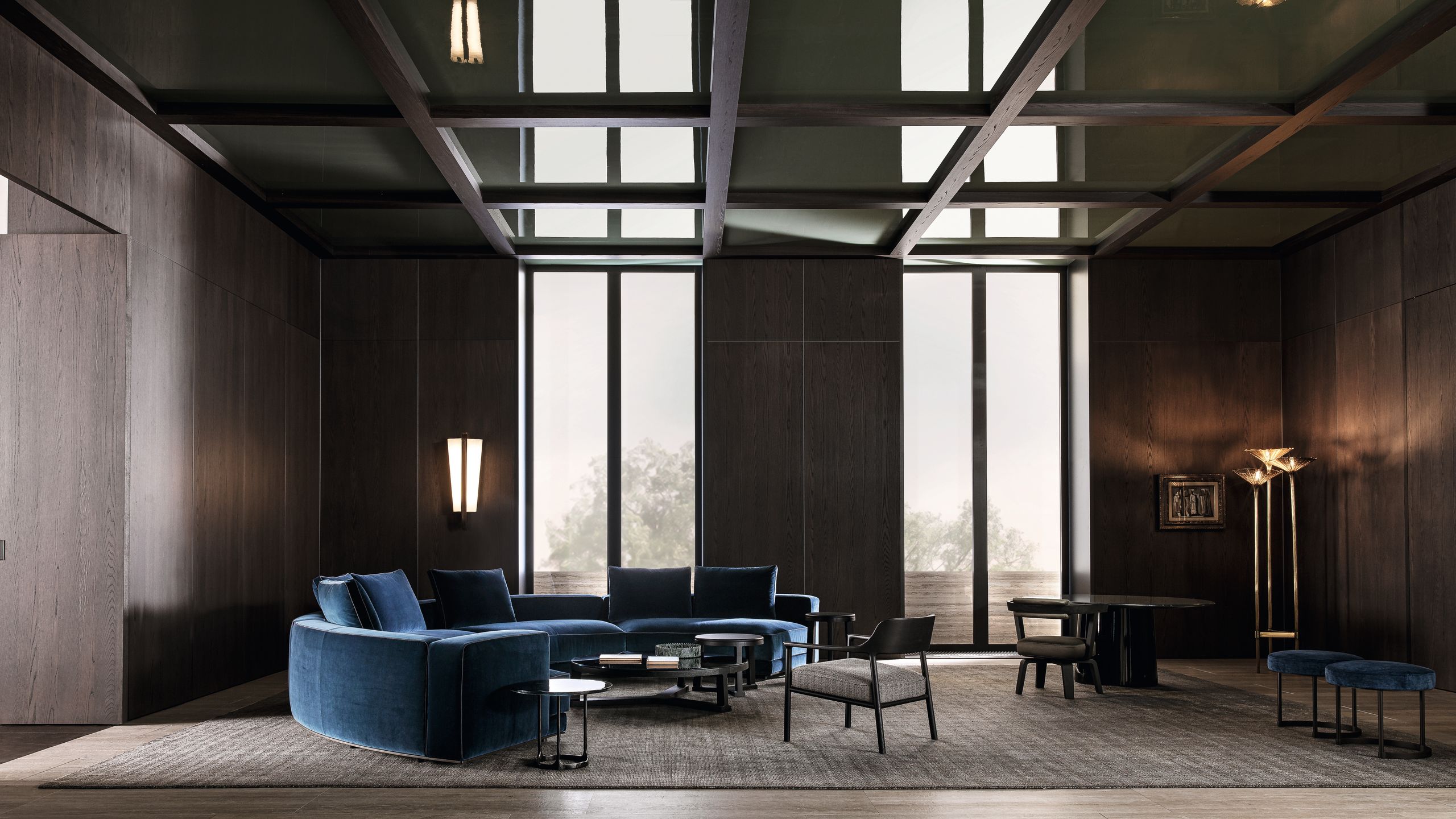 Image may contain: Indoors, Interior Design, Lamp, Architecture, Building, Foyer, Chair, Furniture, Living Room, and Room