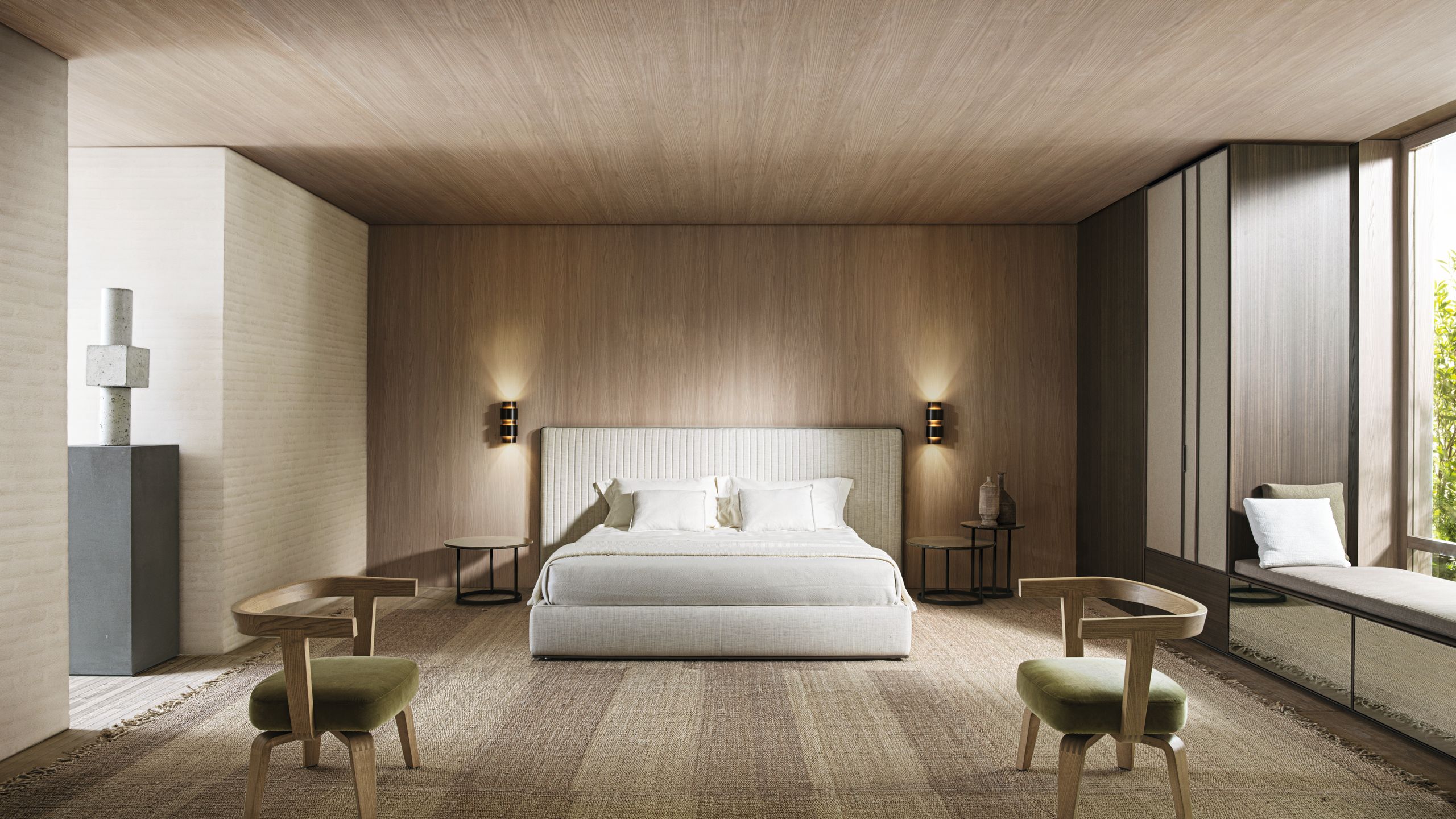 Image may contain: Indoors, Interior Design, Home Decor, Chair, Furniture, Bed, Cushion, Bedroom, Room, and Lamp