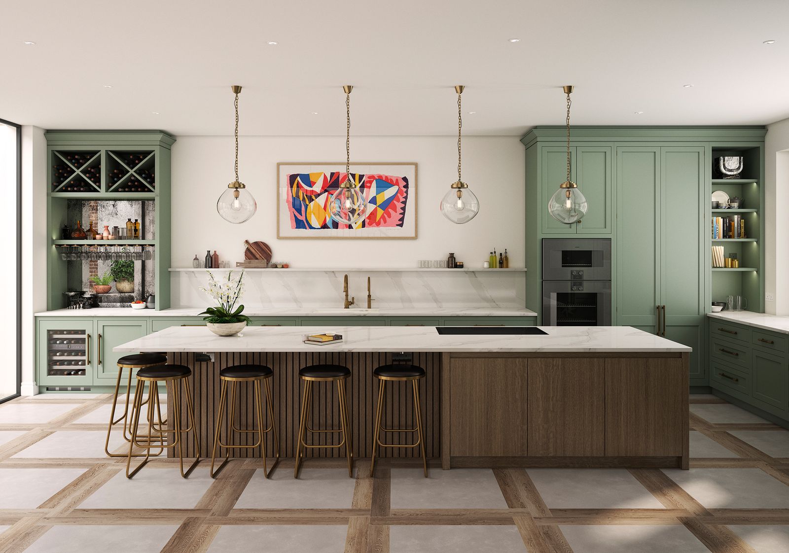 Image may contain Indoors Interior Design Kitchen Kitchen Island Plant Lamp Cup and Furniture