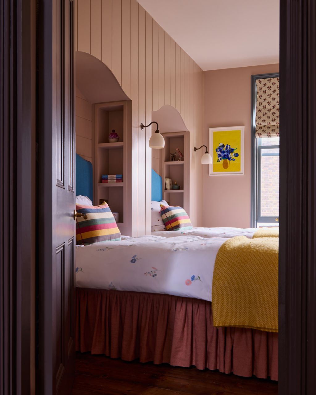 Image may contain Indoors Interior Design Lamp Cushion Home Decor Art Painting Bed Furniture Bedroom and Room