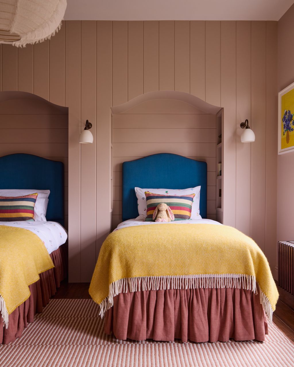 Image may contain Indoors Interior Design Cushion Home Decor Lamp Bed Furniture Rug Art Painting Bedroom and Room