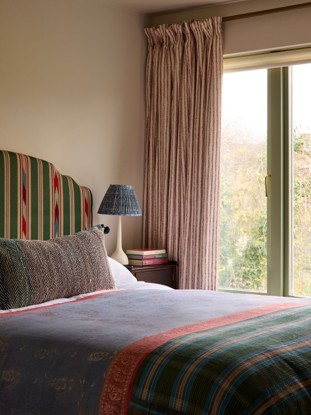 Image may contain Lamp Indoors Interior Design Bed Furniture Home Decor Cushion Table Lamp Bedroom Room and Pillow