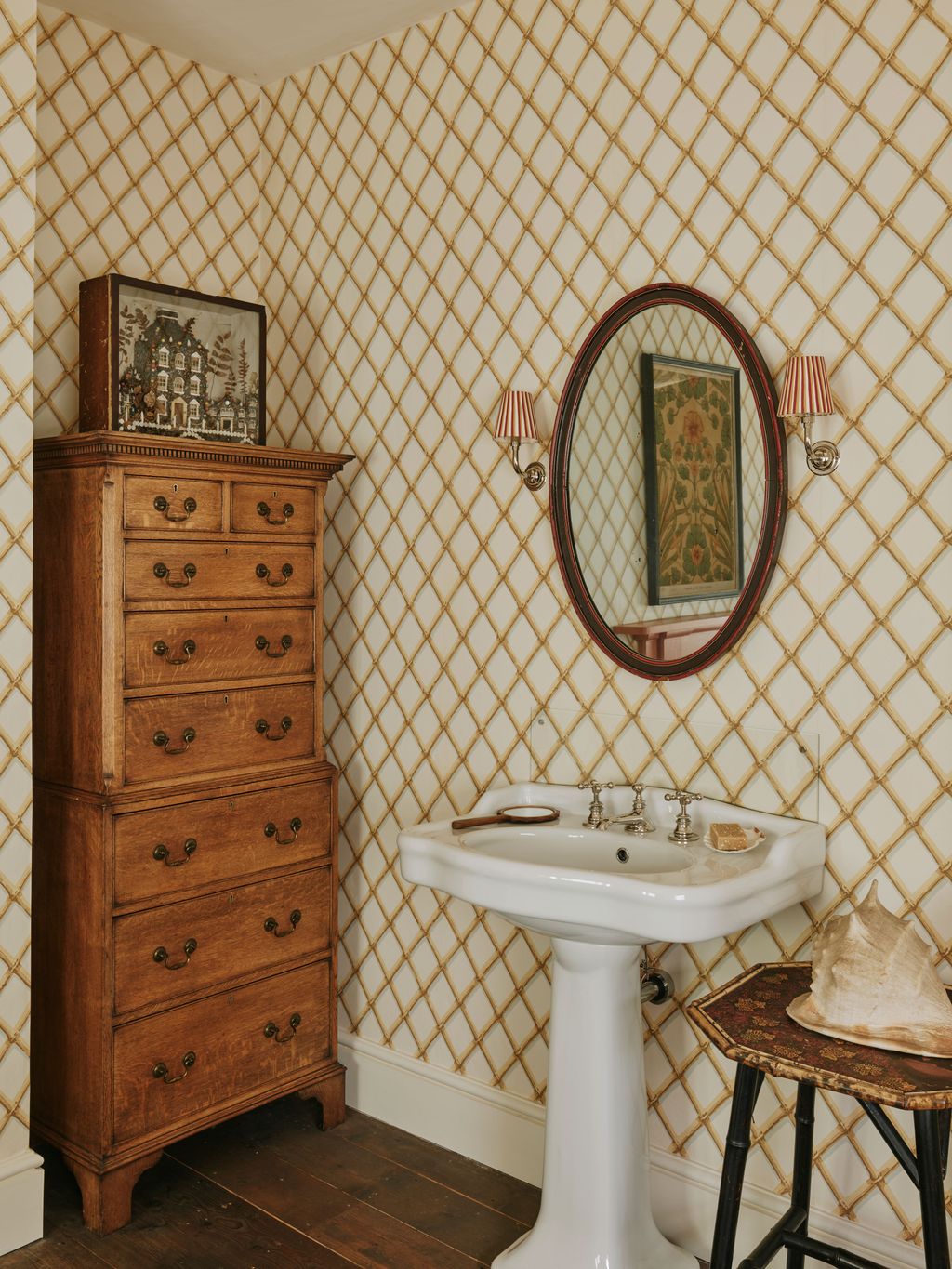 Image may contain Indoors Interior Design Lamp Sink Sink Faucet Furniture Basin Desk Table Art Painting and Plate