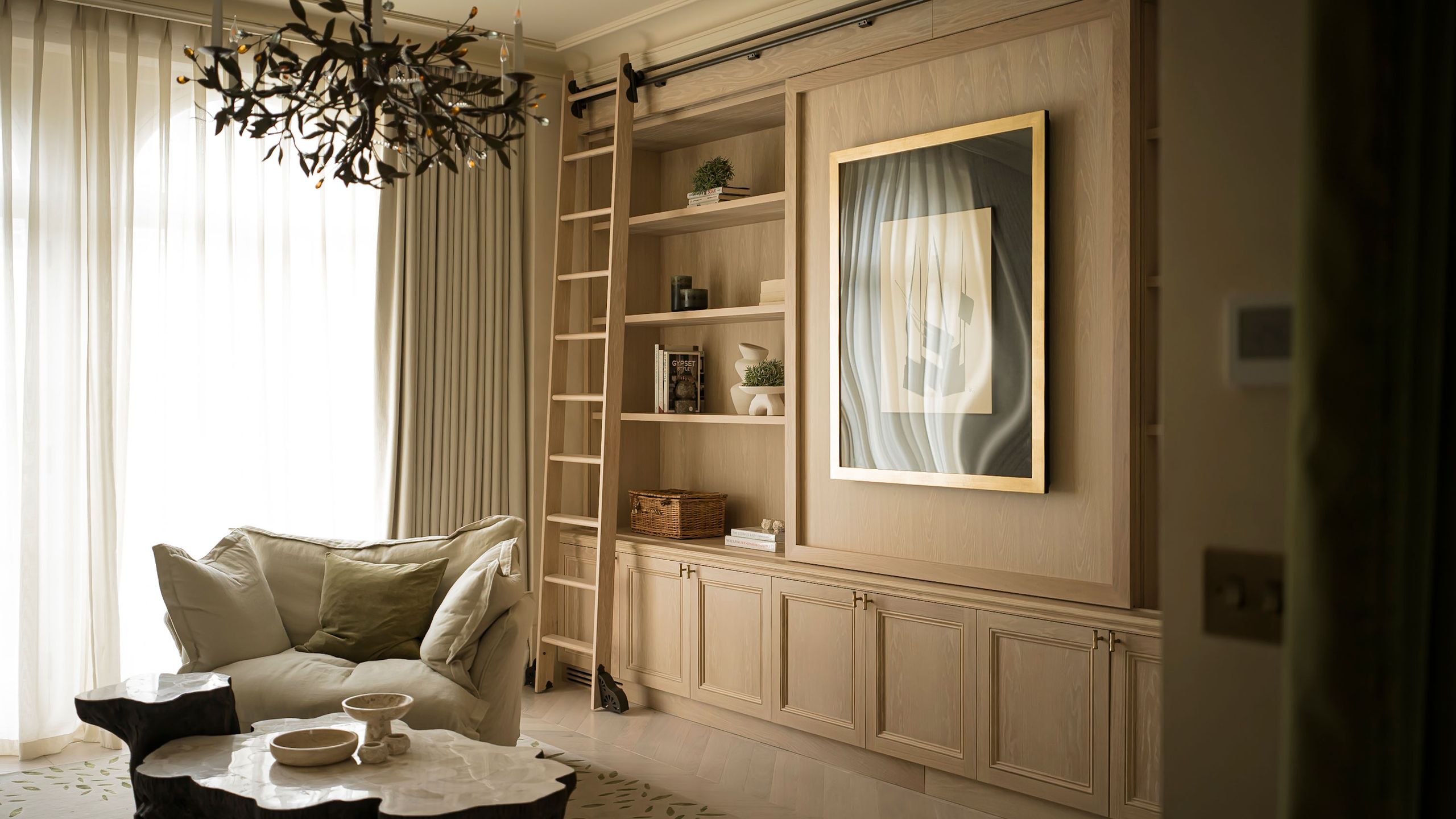 Image may contain: Indoors, Interior Design, Home Decor, Lamp, Architecture, Building, Furniture, Living Room, and Room