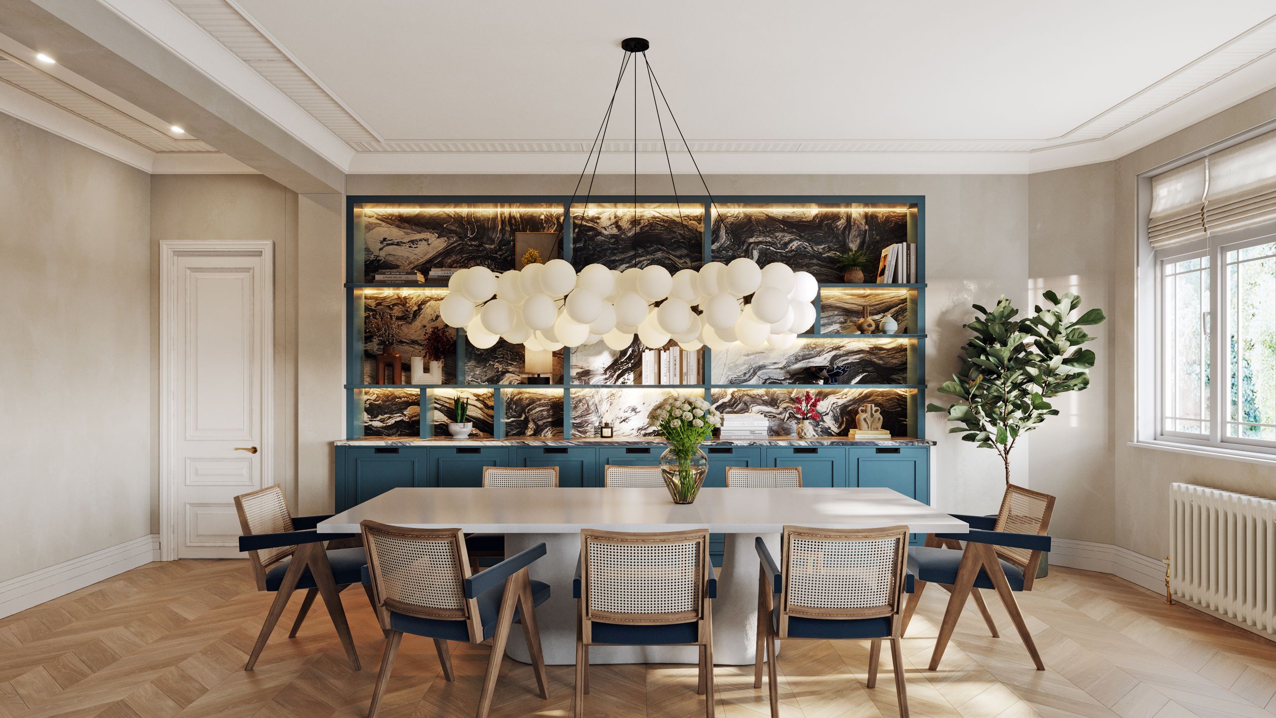 Image may contain: Architecture, Building, Dining Room, Dining Table, Furniture, Indoors, Room, Table, and Chair