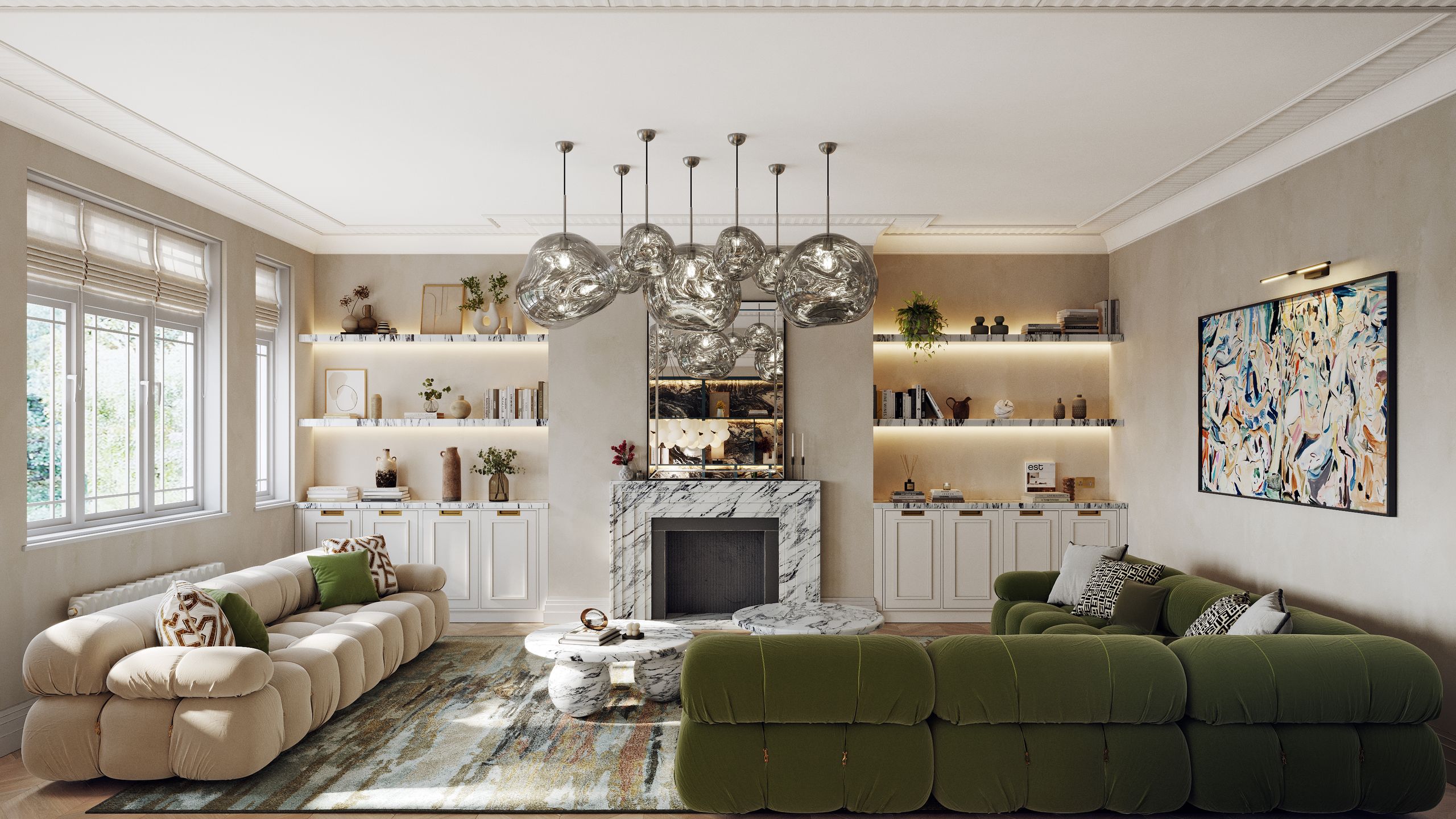 Image may contain: Home Decor, Architecture, Building, Furniture, Indoors, Living Room, Room, Plant, and Couch