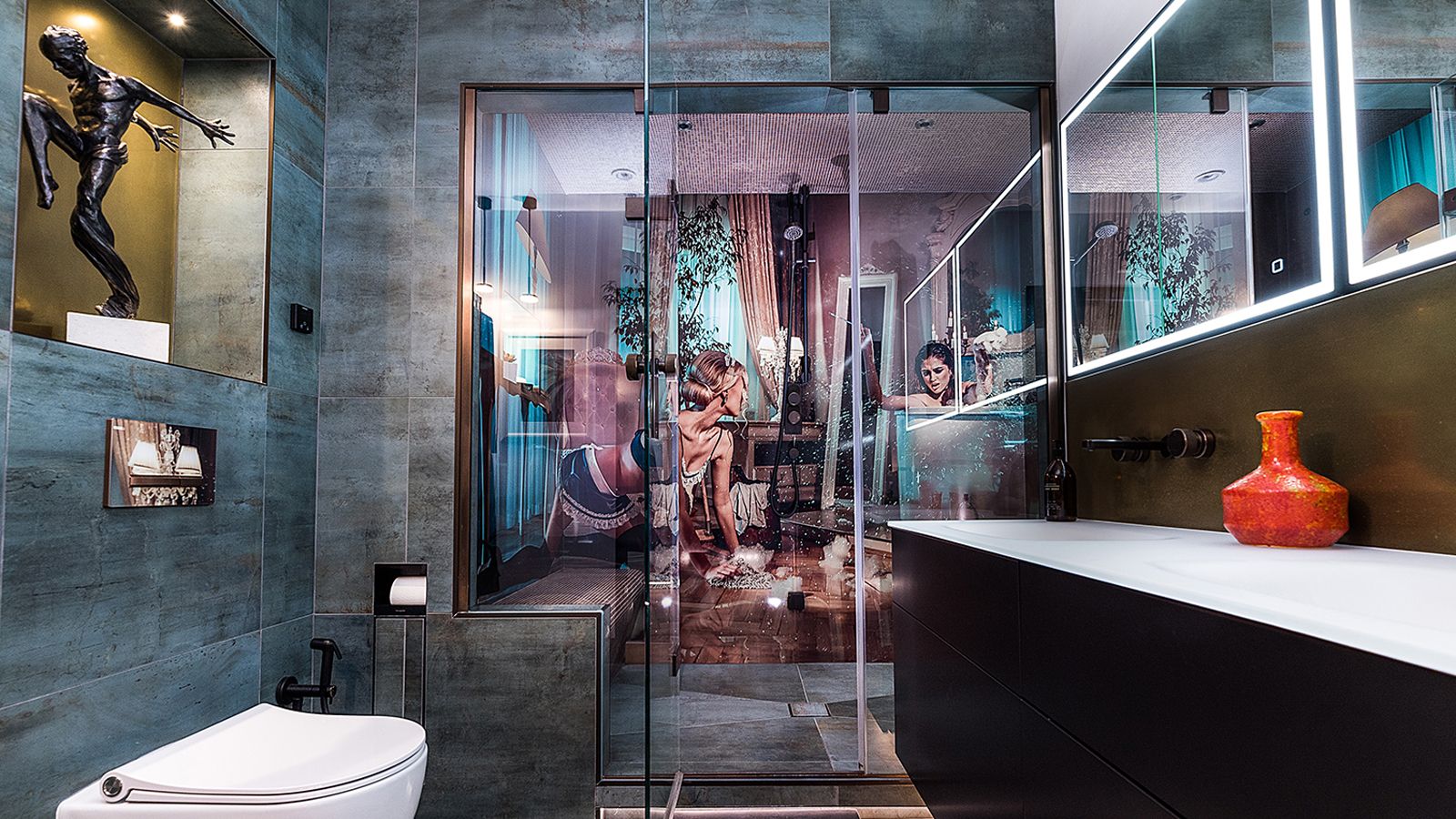 Image may contain: Indoors, Adult, Person, Bathroom, Room, and Toilet