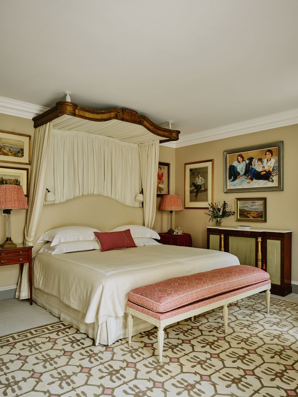 Image may contain Furniture Bed Bedroom Indoors Room Lamp Bench Art Painting Person Home Decor and Rug