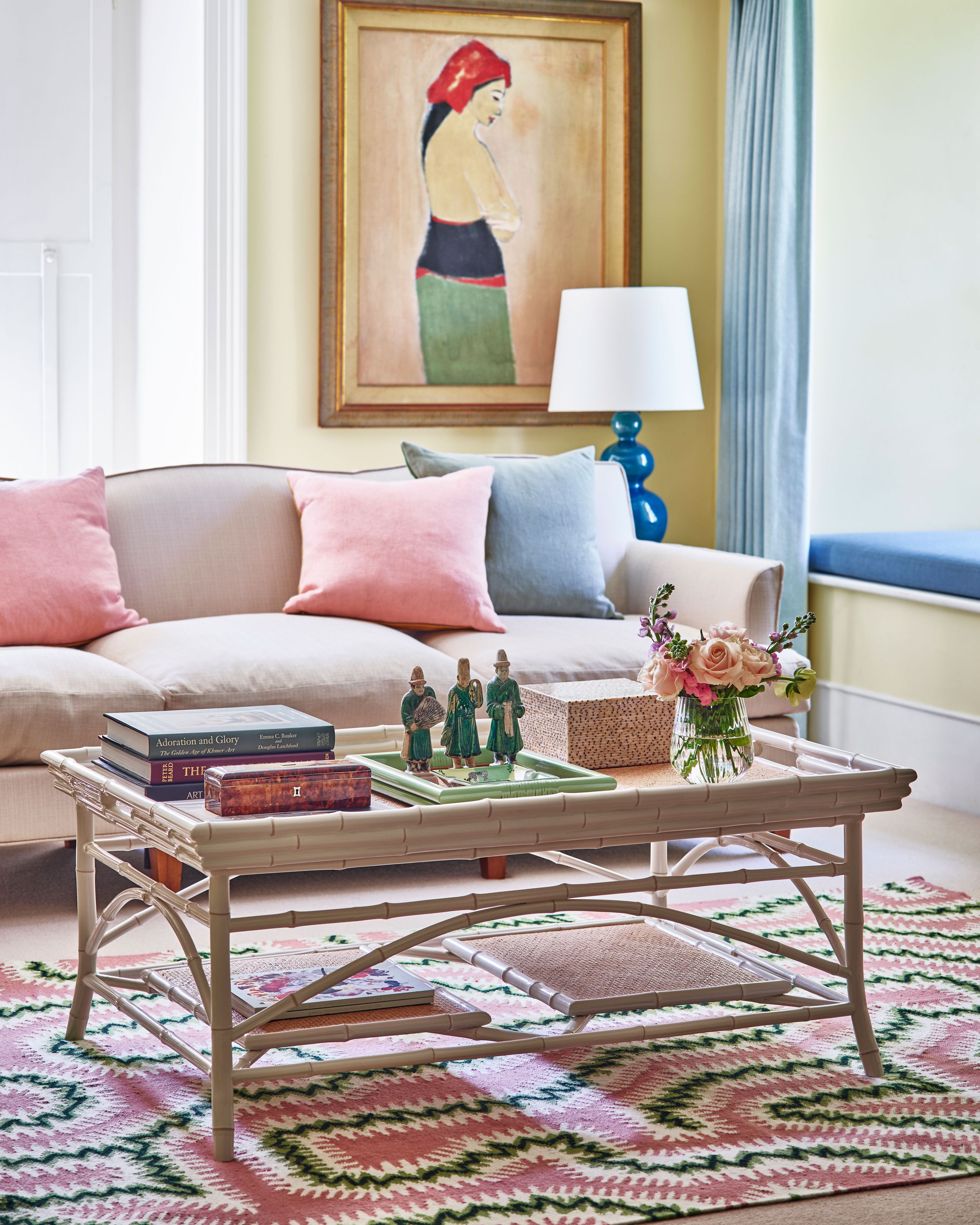 Image may contain: Coffee Table, Furniture, Table, Home Decor, Lamp, Rug, Architecture, Building, Indoors, and Living Room