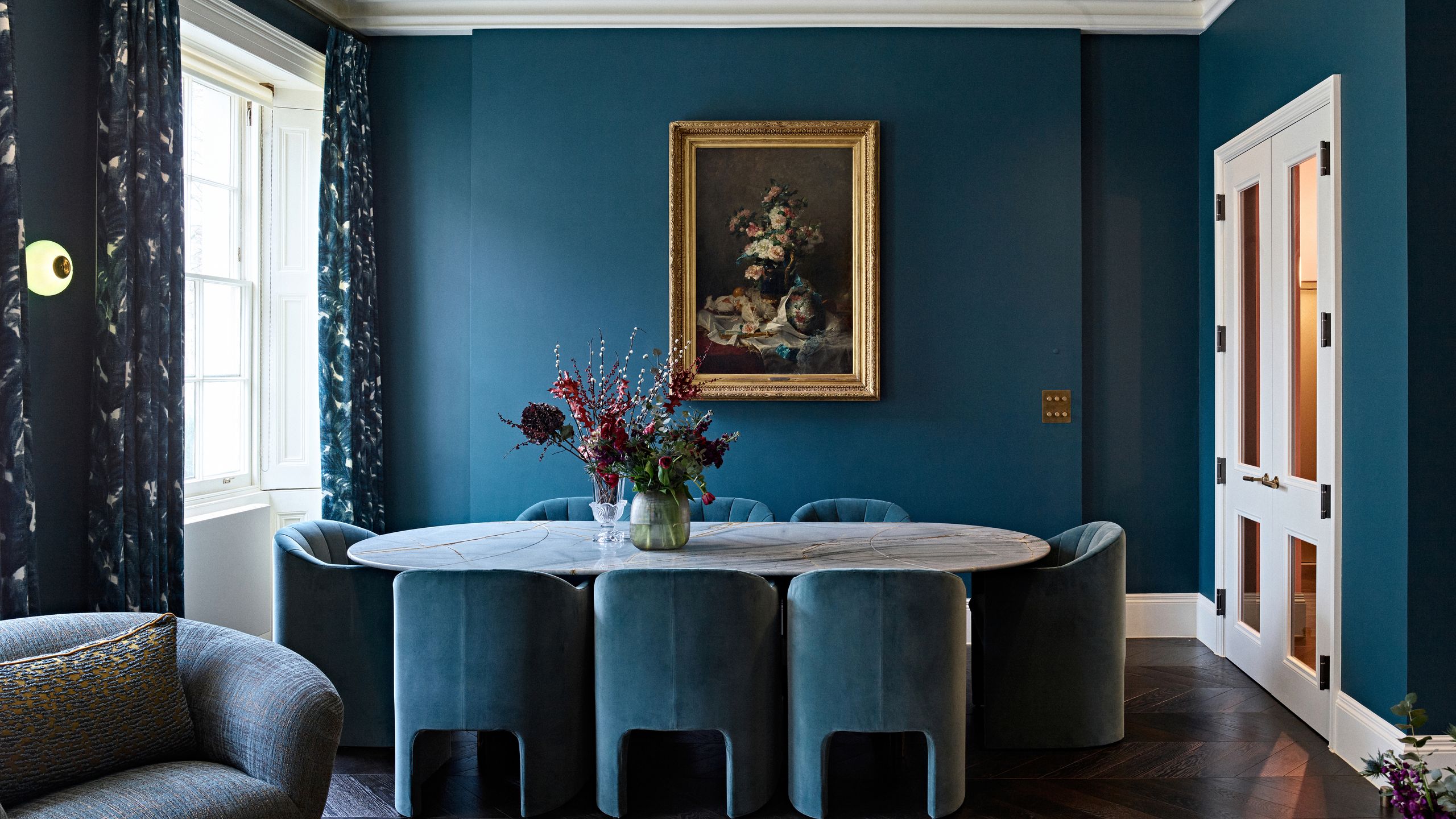 Image may contain: Architecture, Building, Dining Room, Dining Table, Furniture, Indoors, Room, Table, Art, and Painting