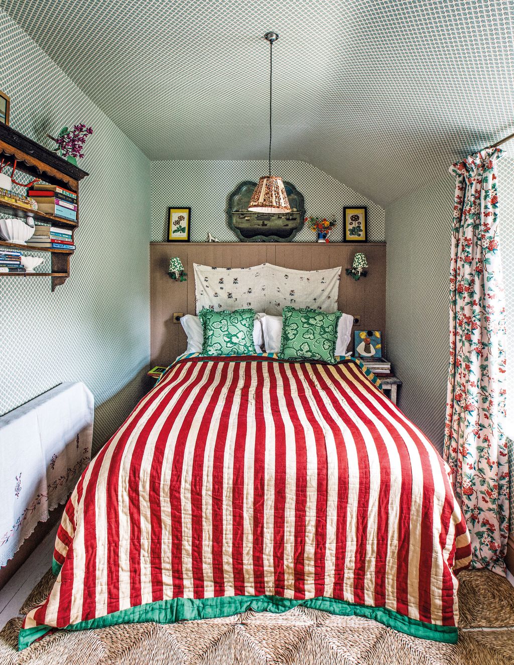 Image may contain Furniture Art Painting Bed Lamp Home Decor Bedroom Indoors Room and Person