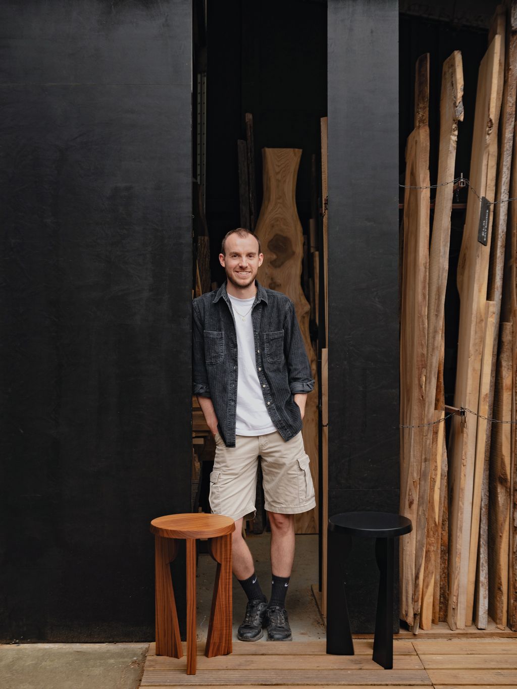 Image may contain Wood Clothing Shorts Person Standing Footwear Shoe Adult Pants Plywood Bar Stool and Furniture