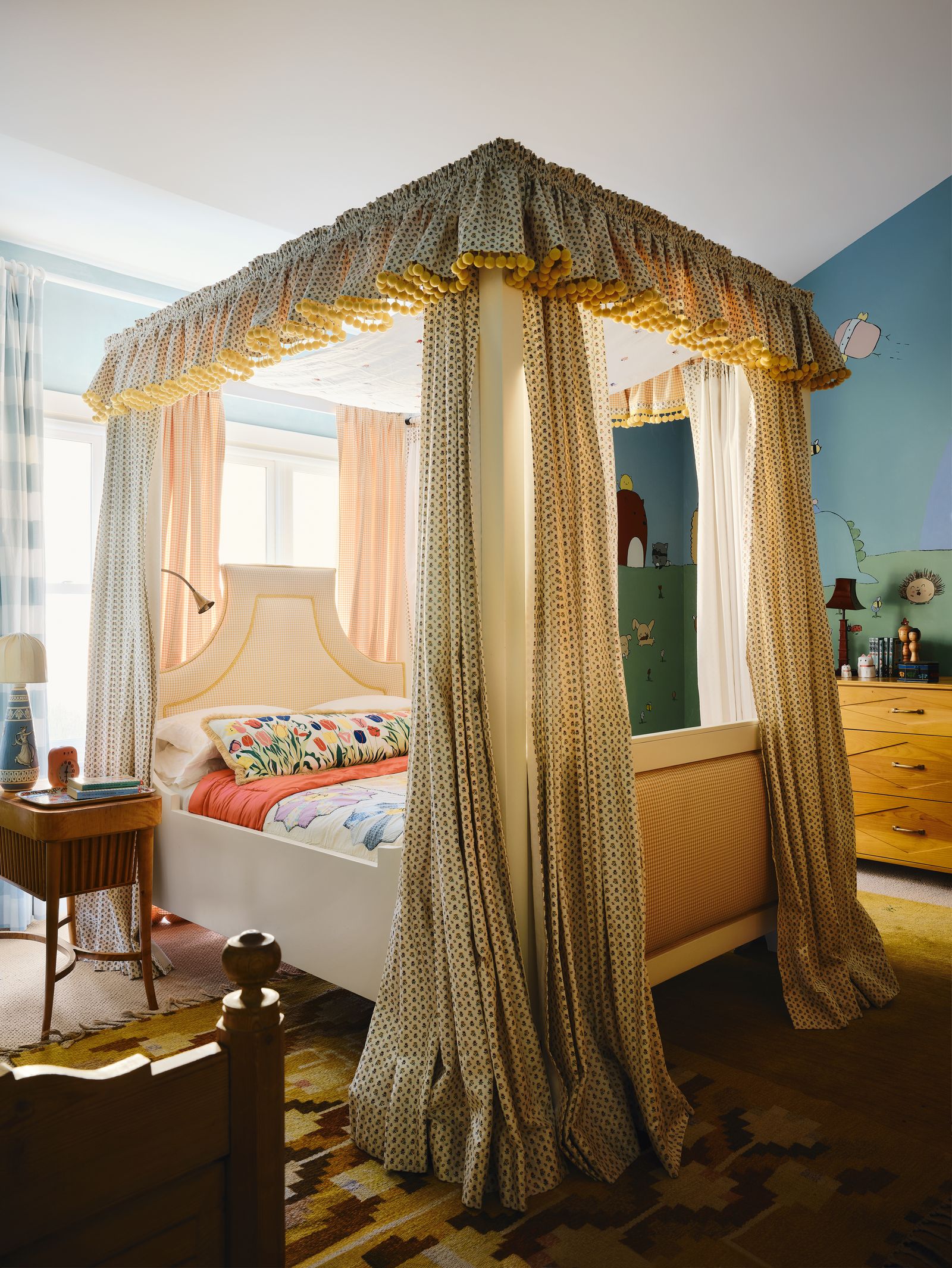 Image may contain Furniture Bed Bedroom Indoors Room Lamp Desk Table and Canopy Bed