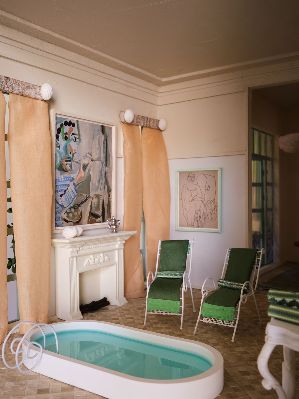 Image may contain Chair Furniture Indoors Interior Design Tub Home Decor Bathing Art Painting Bathtub and Person