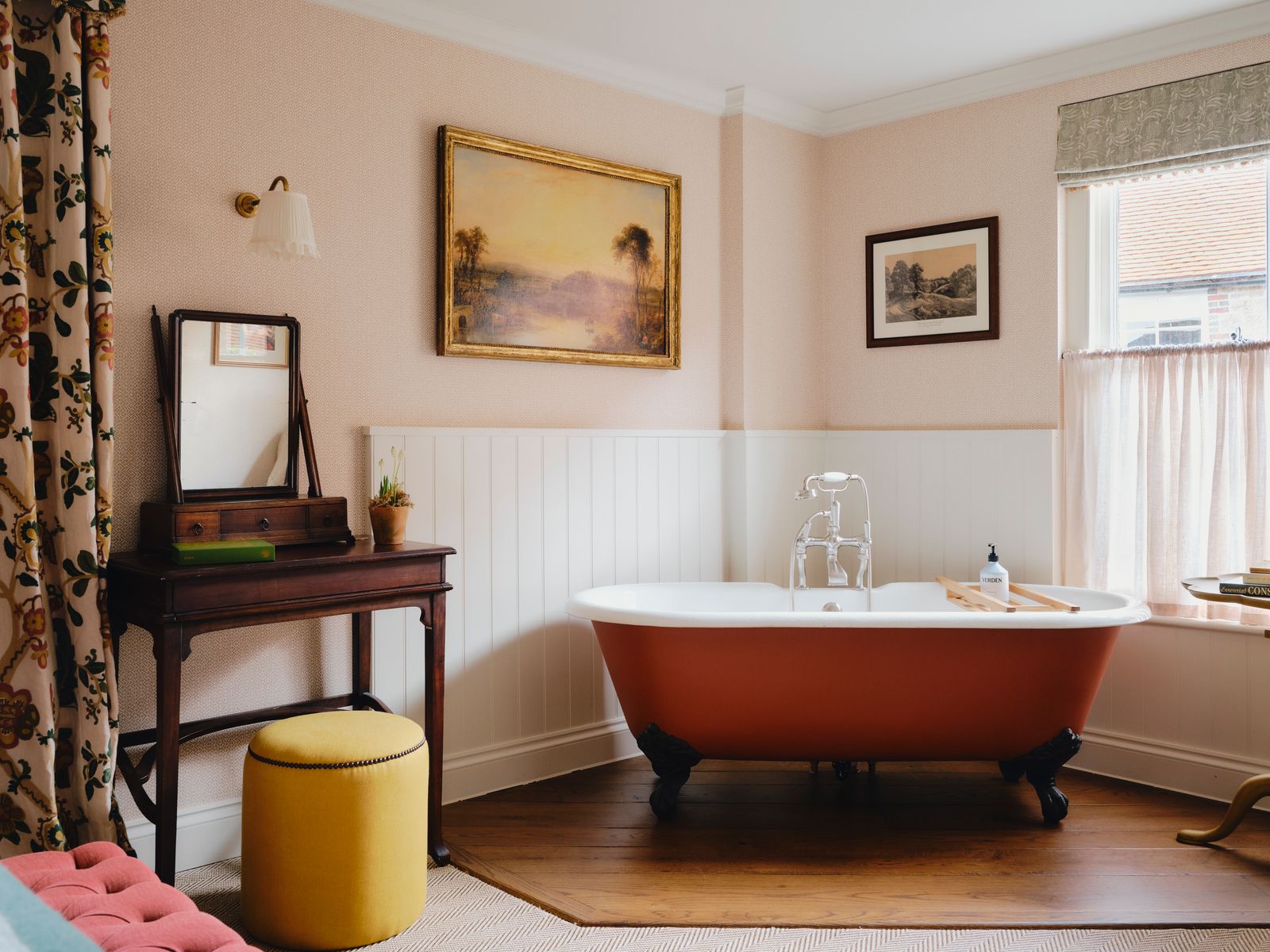 Image may contain Desk Furniture Table Bathing Bathtub Person Tub Indoors Interior Design Art Painting and Plant