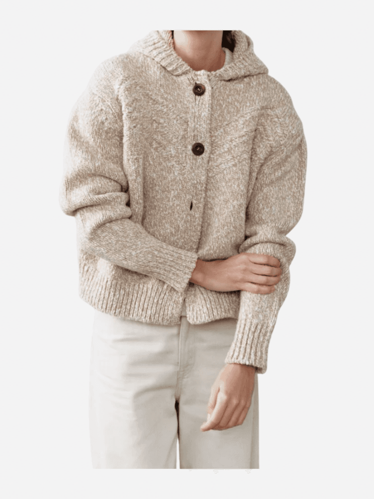 Image may contain: Clothing, Knitwear, Sweater, Coat, Sweatshirt, and Hoodie