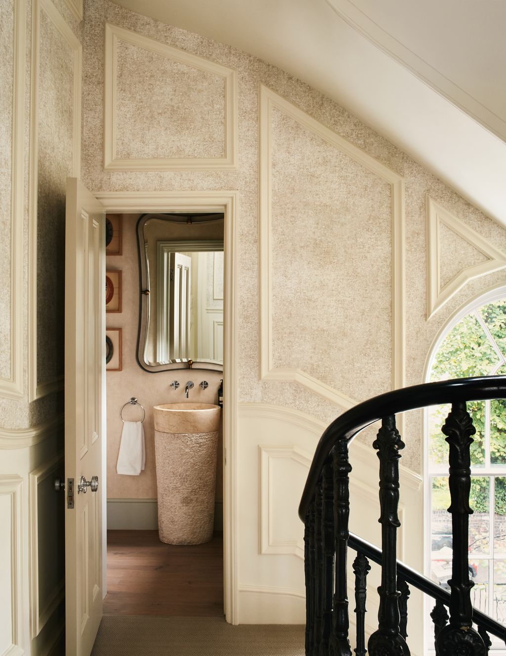 Image may contain Indoors Interior Design Architecture Building House Housing Staircase Art Painting and Sink