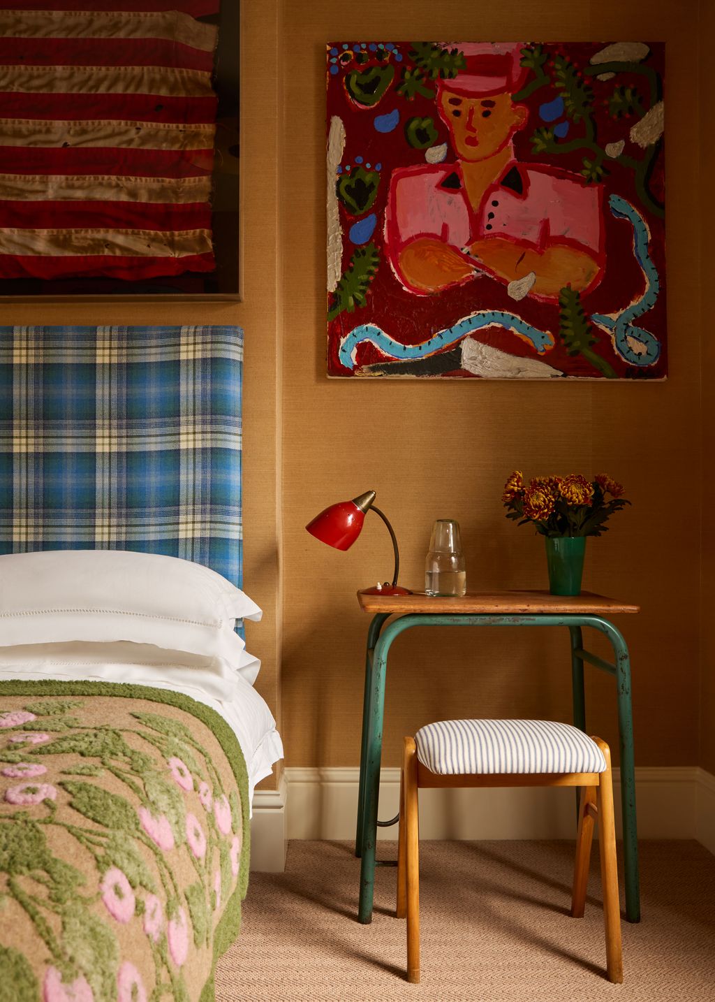 Image may contain Indoors Interior Design Home Decor Cushion Bed Bedroom Dorm Room Furniture Room Flag and Lamp