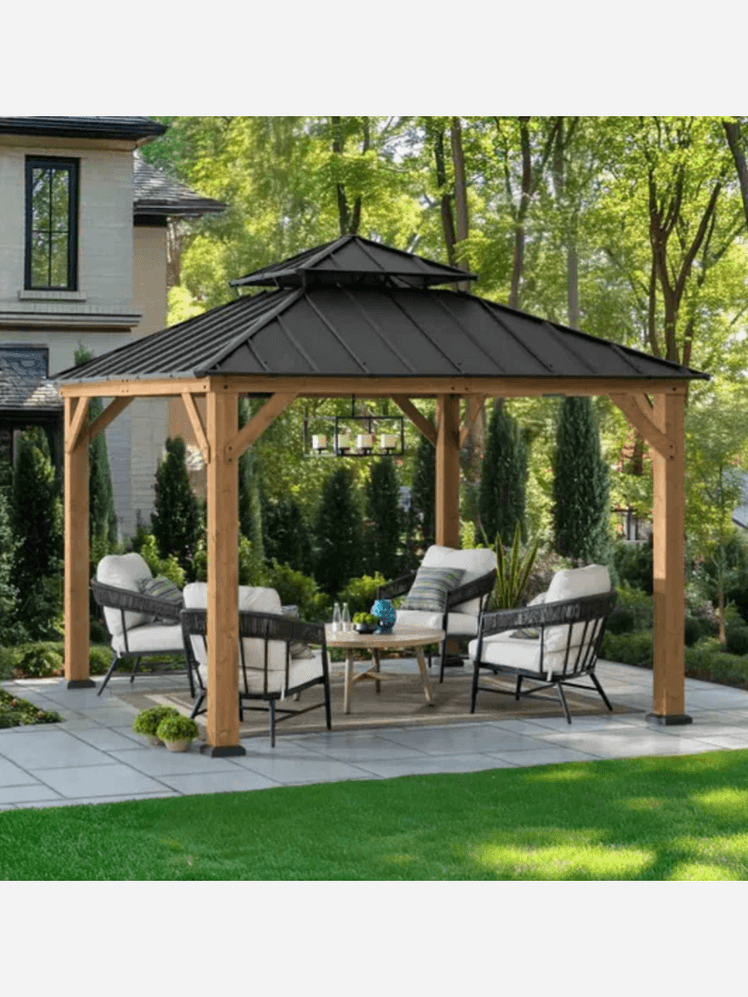 Image may contain: Outdoors, Indoors, Interior Design, Architecture, Gazebo, Backyard, Nature, and Yard