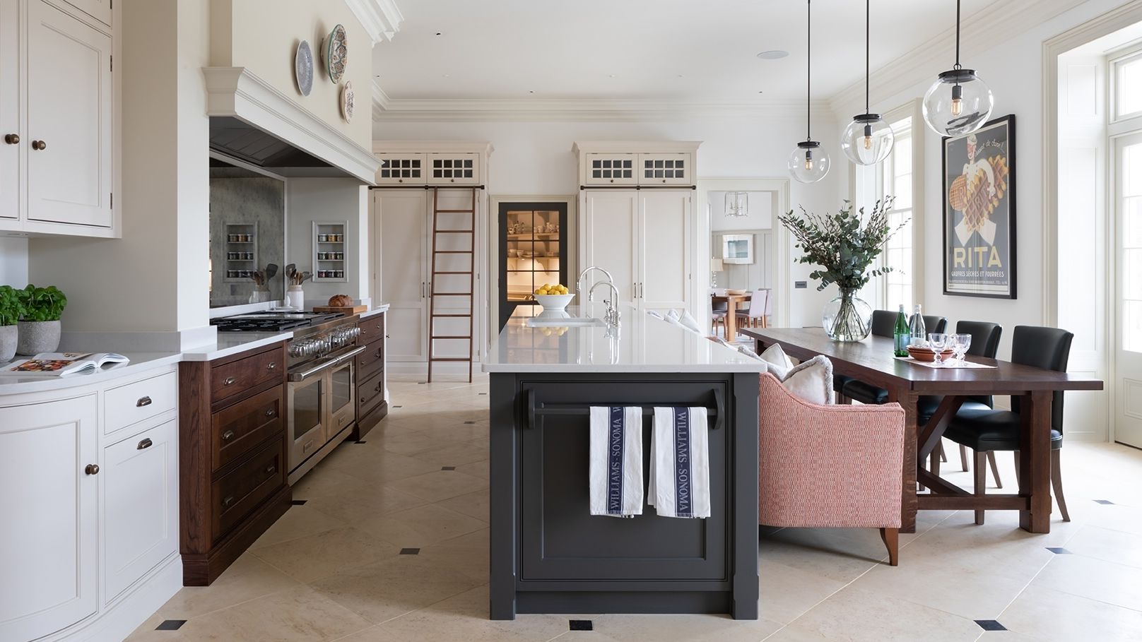 Image may contain: Architecture, Building, Dining Room, Dining Table, Furniture, Indoors, Room, Table, and Kitchen