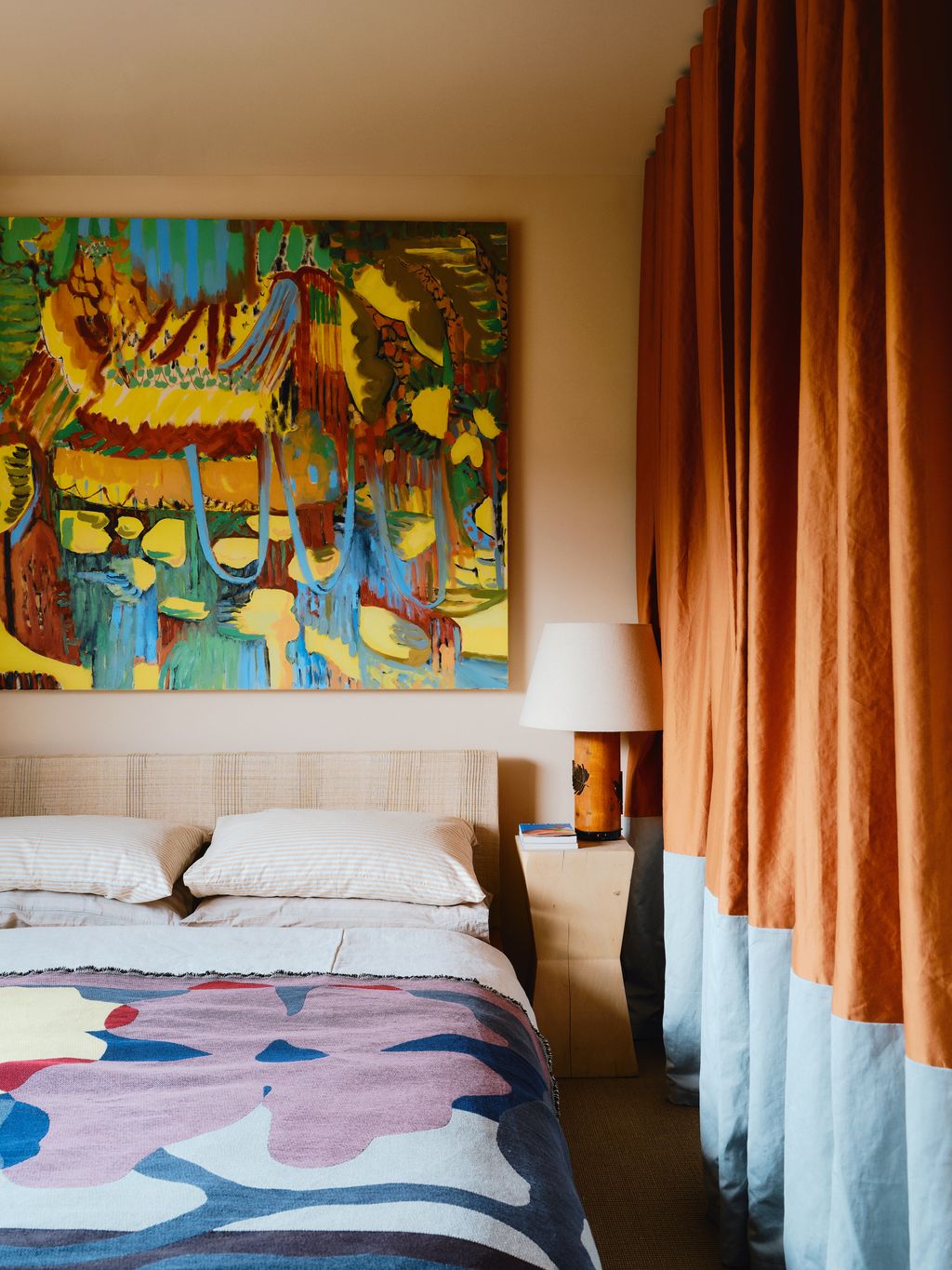 Image may contain Lamp Indoors Interior Design Bed Furniture Bedroom Dorm Room Room and Home Decor