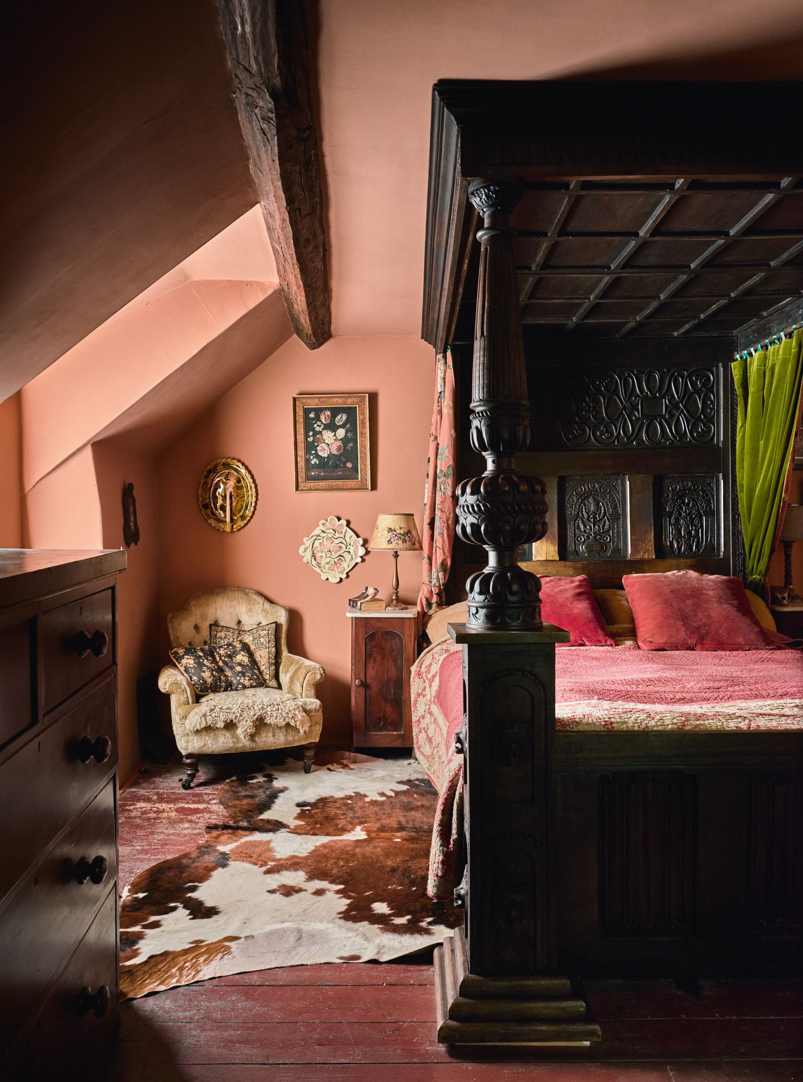 Image may contain Indoors Furniture Bed Bedroom Room Lamp Art Painting Chair Home Decor and Rug