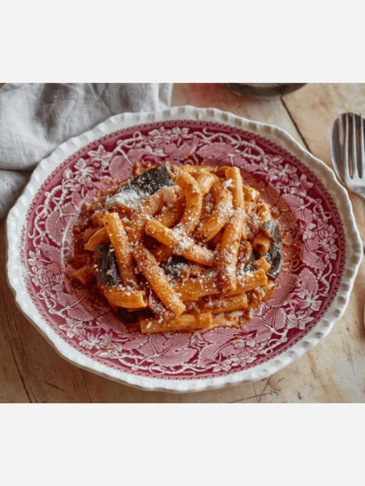 Image may contain: Food, Food Presentation, Meal, Cutlery, Fork, Dish, Plate, and Pasta