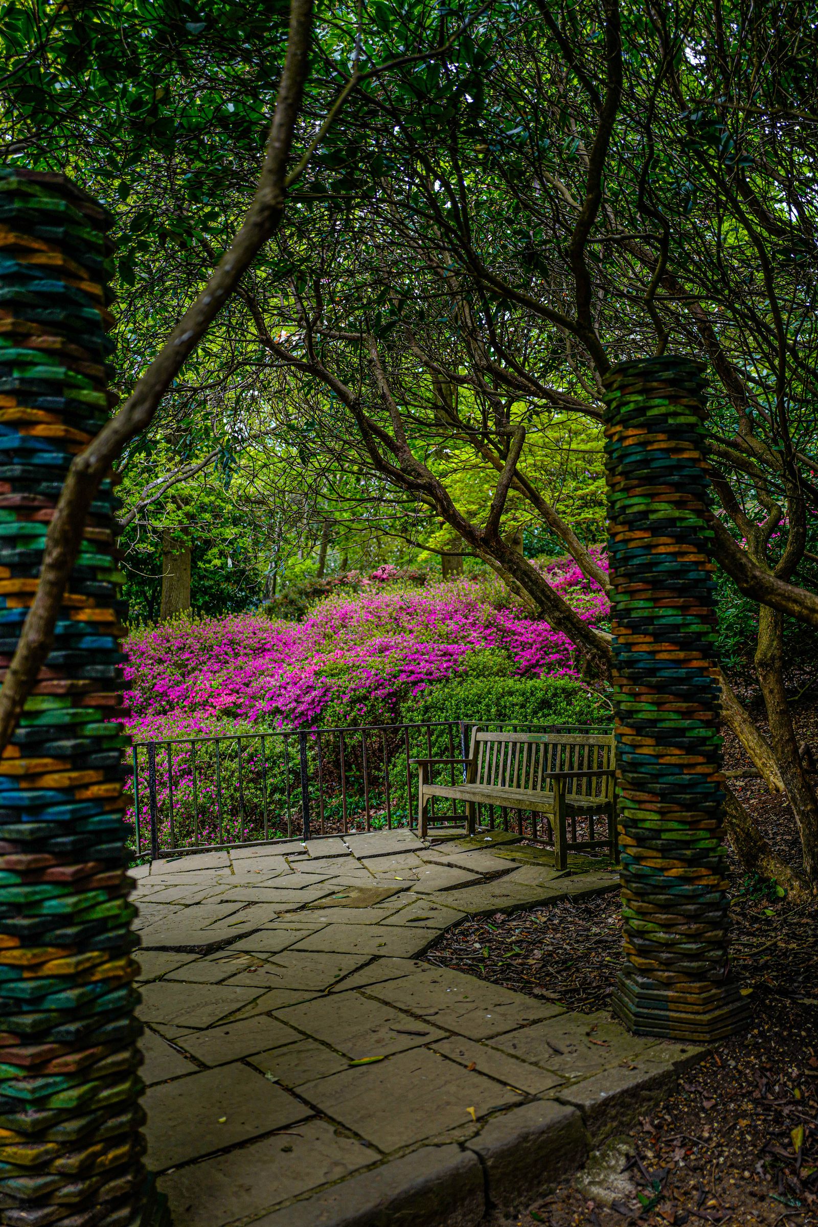 Image may contain Arbour Garden Nature Outdoors Path Walkway Flagstone Bench Furniture Grass Park and Plant