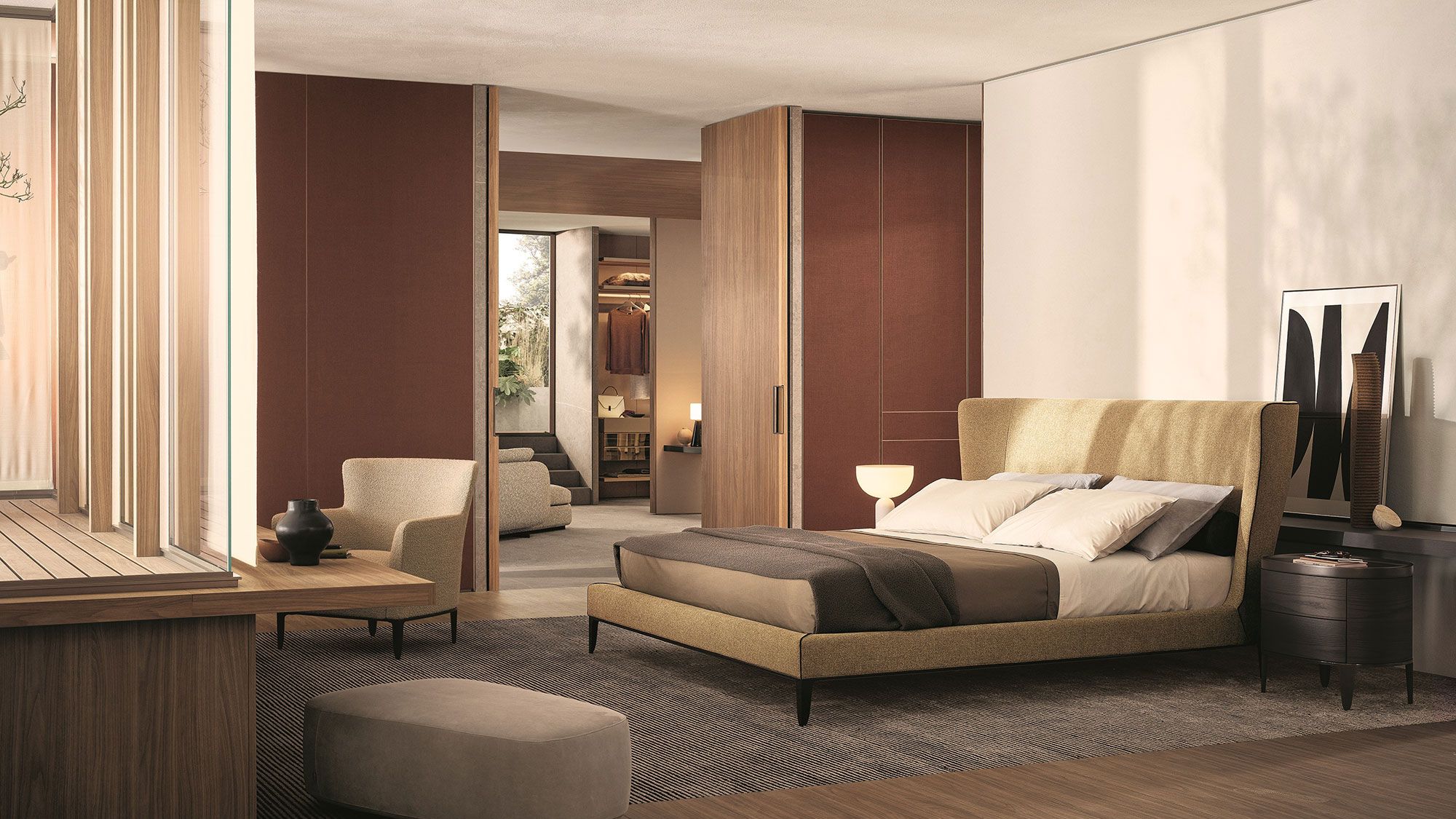 Image may contain: Indoors, Interior Design, Bed, Furniture, Lamp, Chair, Home Decor, Rug, Couch, Bedroom, Room, and Bench