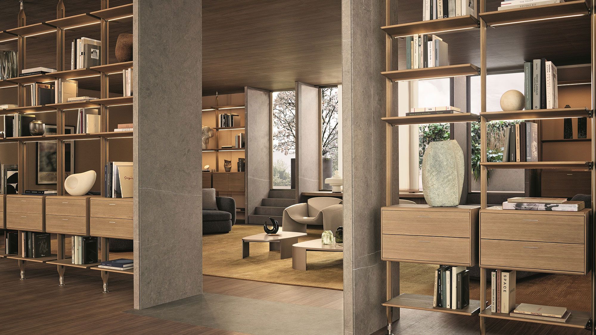 Image may contain: Indoors, Interior Design, Furniture, Bookcase, Couch, Home Decor, Rug, Book, Publication, and Electronics