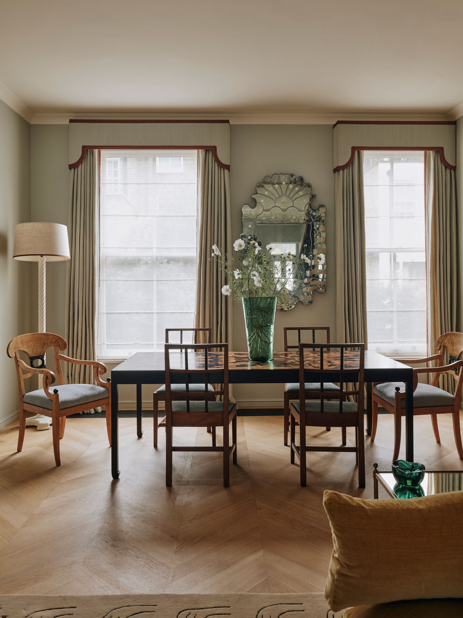 Image may contain Furniture Table Architecture Building Dining Room Dining Table Indoors Room Chair and Desk