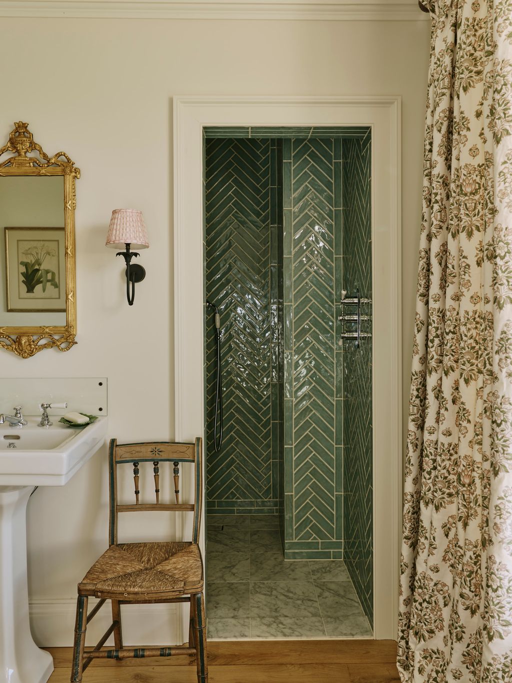 Image may contain Indoors Interior Design Chair Furniture Lamp Corner Sink Art Painting Sink Faucet and Floor